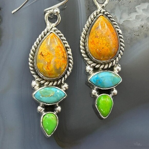 Sterling Silver Southwestern Style Multistone Dangle Earrings For Women #2 - Picture 6 of 10